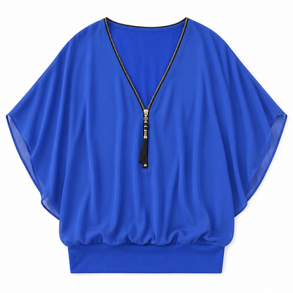 LuminaFlex™ – Breezy Chiffon V-Neck Top with Zip Accent