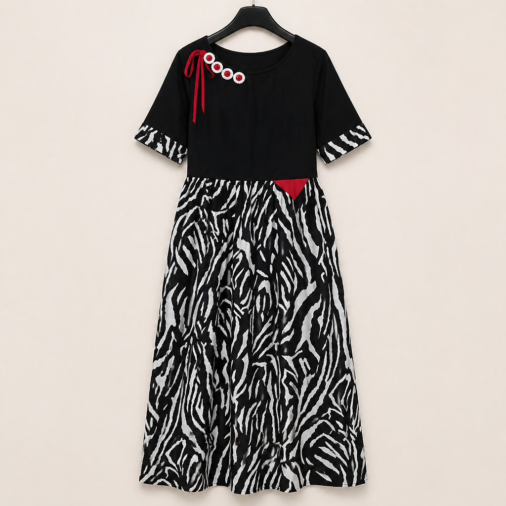 VeraNite™ – Striking Zebra Patchwork Maxi Dress Highlighted with Red Accents