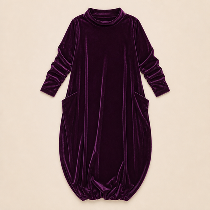 VioraForm™ – Velvet Cocoon Maxi Dress with Mock-Neck and Side Pockets