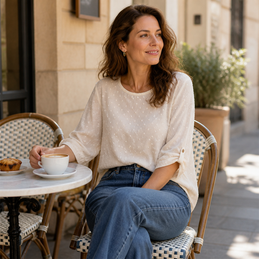 SilkoraWave™ – Easygoing Swiss-Dot Blouse with Buttoned Sleeve Tabs