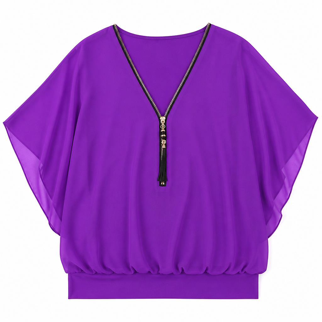 LuminaFlex™ – Breezy Chiffon V-Neck Top with Zip Accent