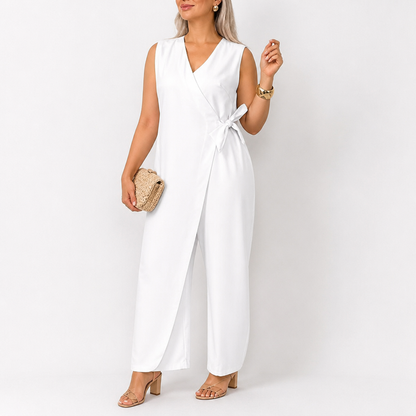 SereneSilhouette™ – Stylish Sleeveless Wrap-Front Jumpsuit with Side Tie