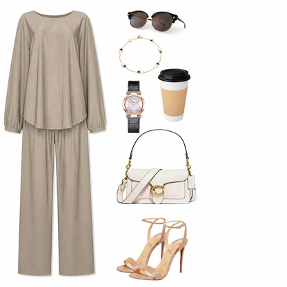 TrueStyle™ – Laid-Back Two-Piece Outfit with Asymmetric Hem & Wide-Leg Trousers