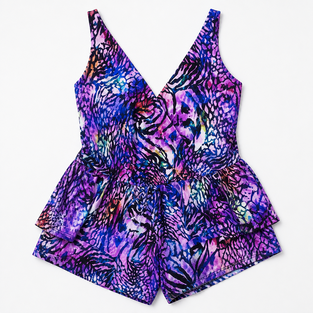 SolaraMist™ – Breezy V-Neck Swim Romper Featuring Watercolor Design