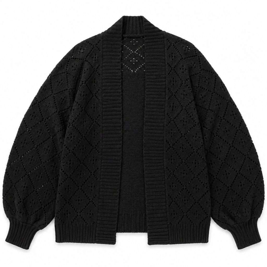 AerieLuxe™ – Hollow Knit Shawl Cardigan with Open Front and Lantern Sleeves