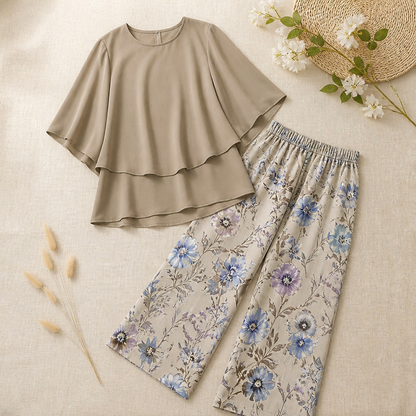Flexara™ – Chic Layered Chiffon Blouse and Wide-Leg Patterned Pant Set