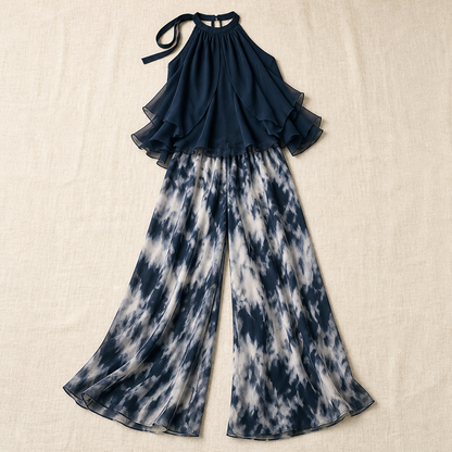 LuxuraFit™ – Draped Chiffon Halter Top & Wide-Leg Marble-Patterned Pants Set