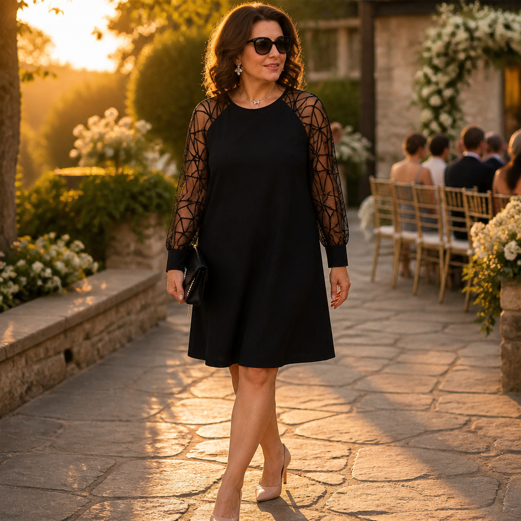 LumaraMist™ – Graceful Mesh-Sleeved A-Line Tunic Dress
