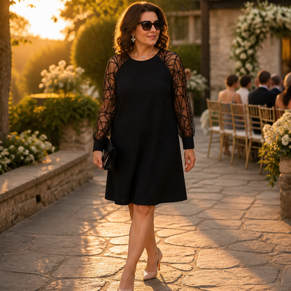 LumaraMist™ – Graceful Mesh-Sleeved A-Line Tunic Dress