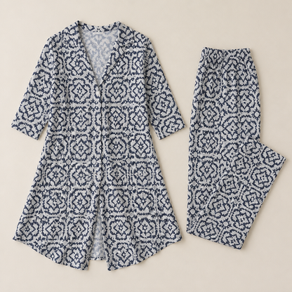 VireoLuxe™ – Striking Geometric Tunic with Straight-Leg Pants Set