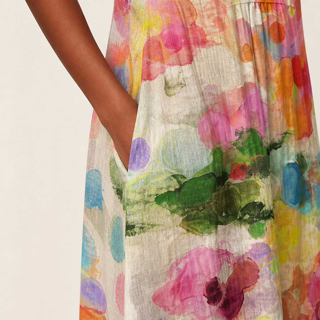 Radianta™ – Sleeveless Midi Dress with Watercolor Print and Side Pockets