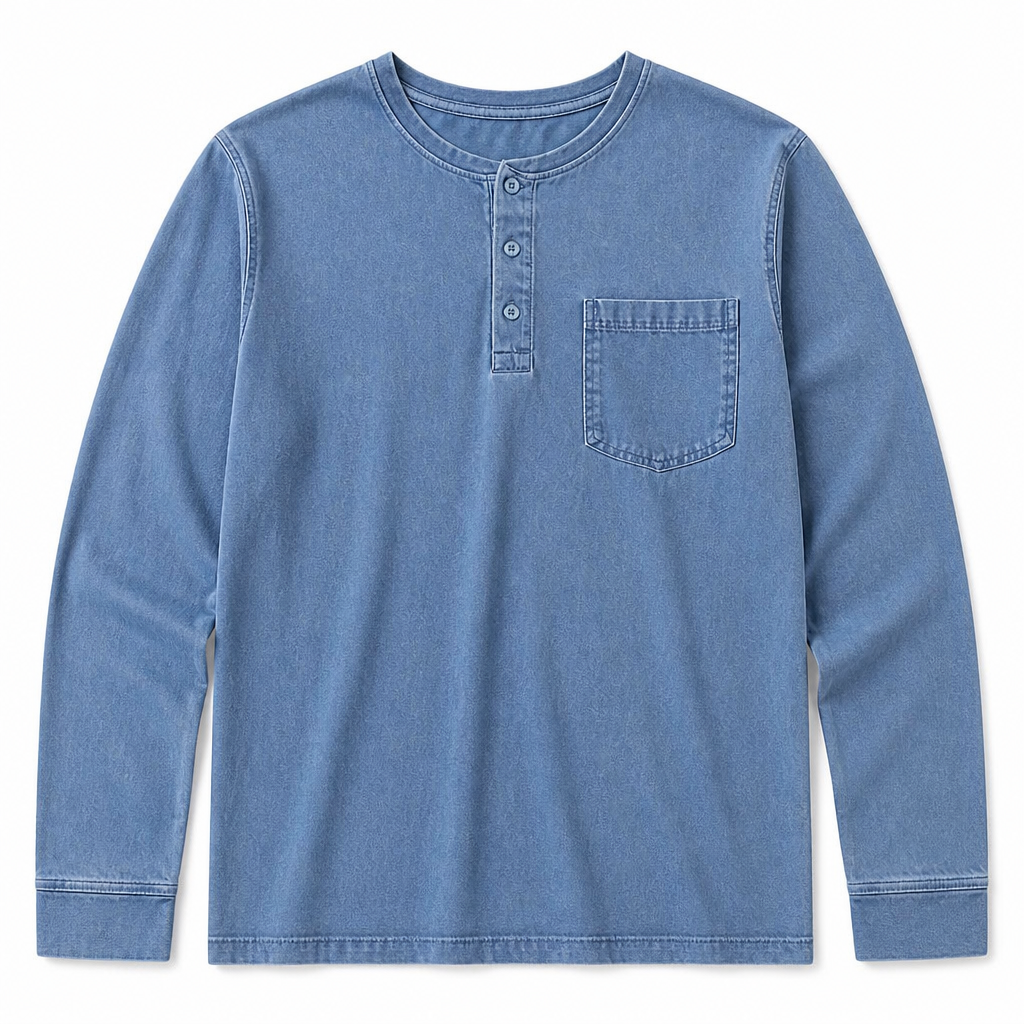 VeroVibe™ – Retro Washed Long Sleeve Henley Featuring Chest Pocket