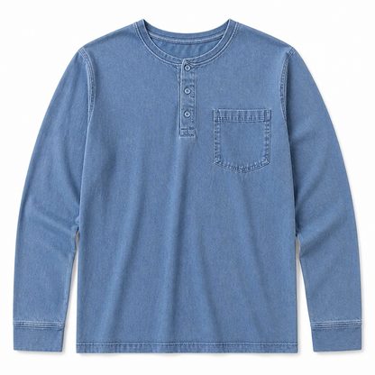 VeroVibe™ – Retro Washed Long Sleeve Henley Featuring Chest Pocket