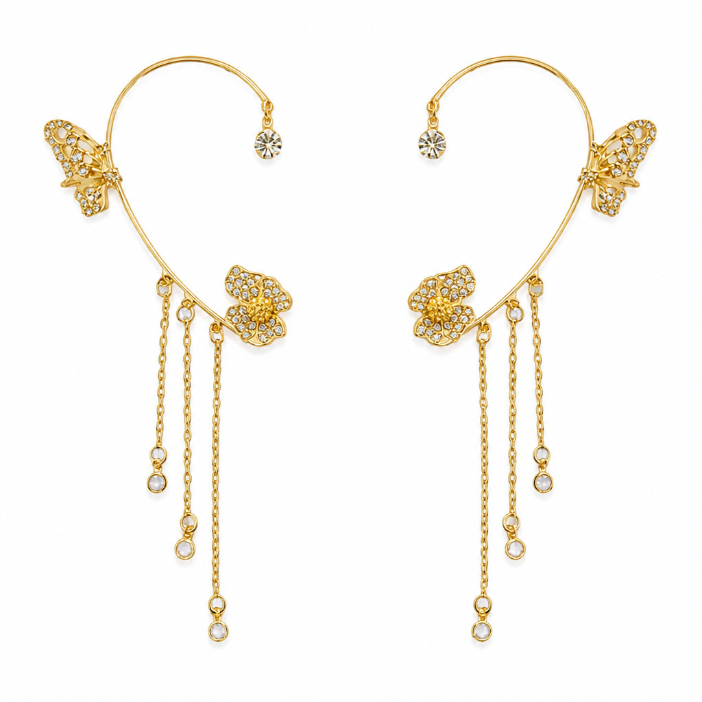Luméline™ – Glittering Butterfly Ear Cuffs with Crystal Tassel Chains