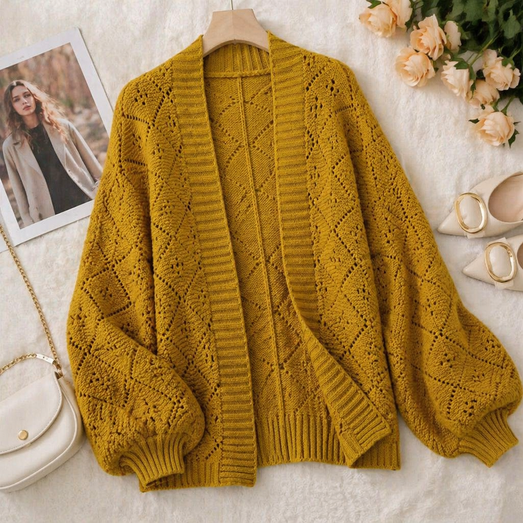 AerieLuxe™ – Hollow Knit Shawl Cardigan with Open Front and Lantern Sleeves
