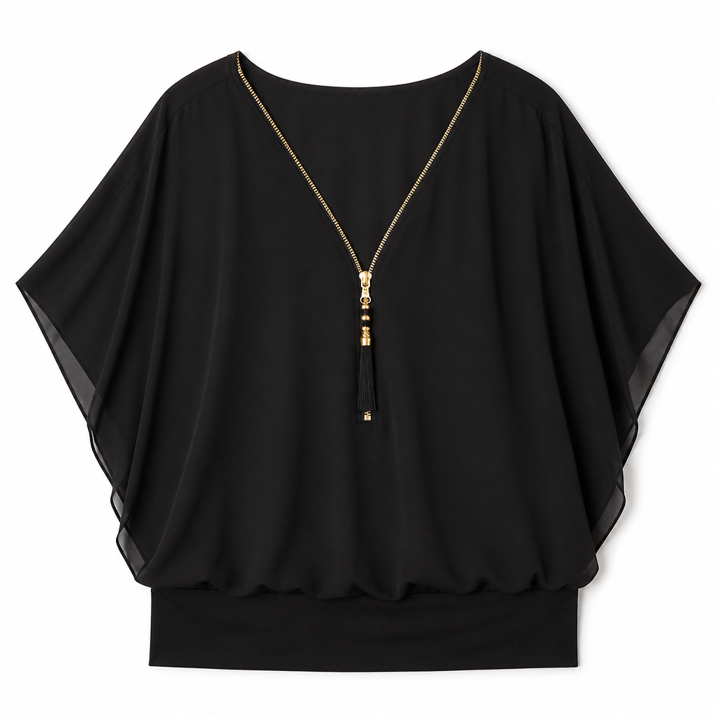 LuminaFlex™ – Breezy Chiffon V-Neck Top with Zip Accent