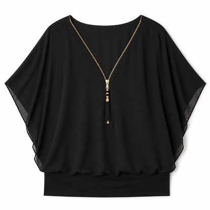 LuminaFlex™ – Breezy Chiffon V-Neck Top with Zip Accent