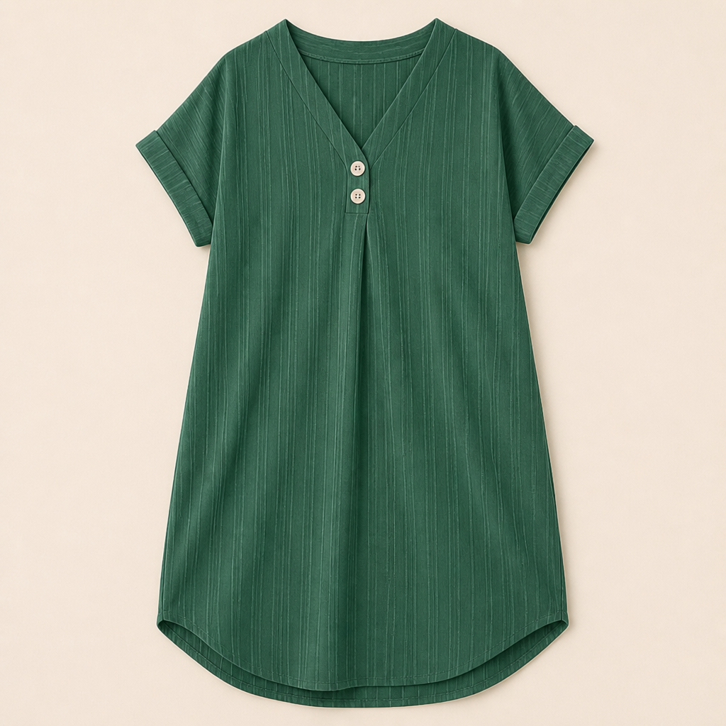 Veloria™ – Casual Ribbed V-Neck Shift Dress Featuring Button Detail