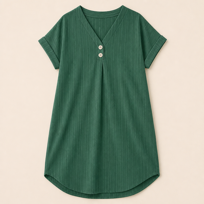 Veloria™ – Casual Ribbed V-Neck Shift Dress Featuring Button Detail