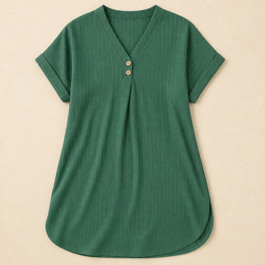 Veloria™ – Casual Ribbed V-Neck Shift Dress Featuring Button Detail