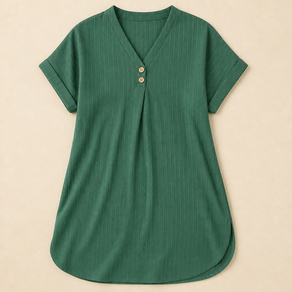 Veloria™ – Casual Ribbed V-Neck Shift Dress Featuring Button Detail