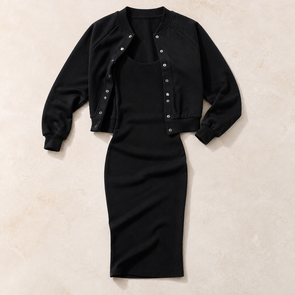 LunaCurve™ – Soft Knit Midi Bodycon Dress with Coordinated Cropped Jacket