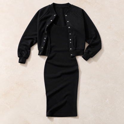 LunaCurve™ – Soft Knit Midi Bodycon Dress with Coordinated Cropped Jacket