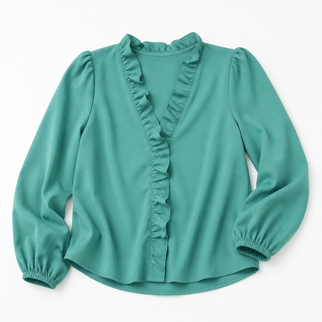 FlairMist™ – Romantic V-Neck Ruffle Blouse with Lantern Sleeves