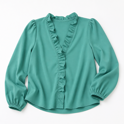 FlairMist™ – Romantic V-Neck Ruffle Blouse with Lantern Sleeves