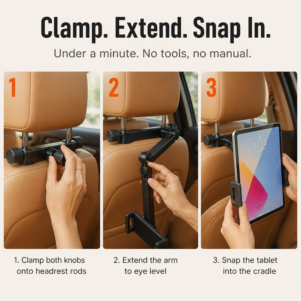RoadEase™ — Secure Your Tablet Perfectly Centered Between Headrests for Comfortable Backseat Viewing