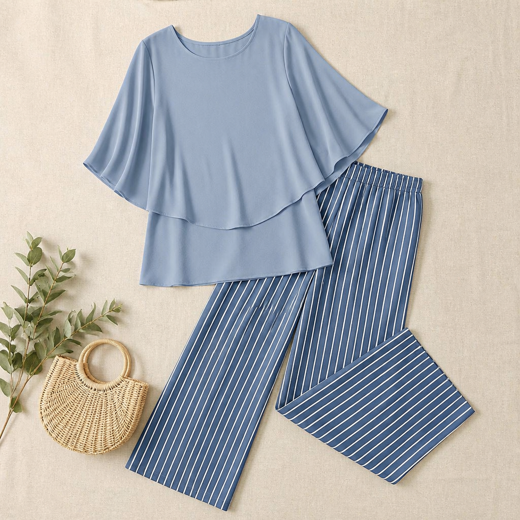 Flexara™ – Chic Layered Chiffon Blouse and Wide-Leg Patterned Pant Set