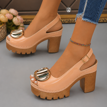 VivantaStrut™ – Striking Chunky Platform Slingback Heels with Golden Buckle
