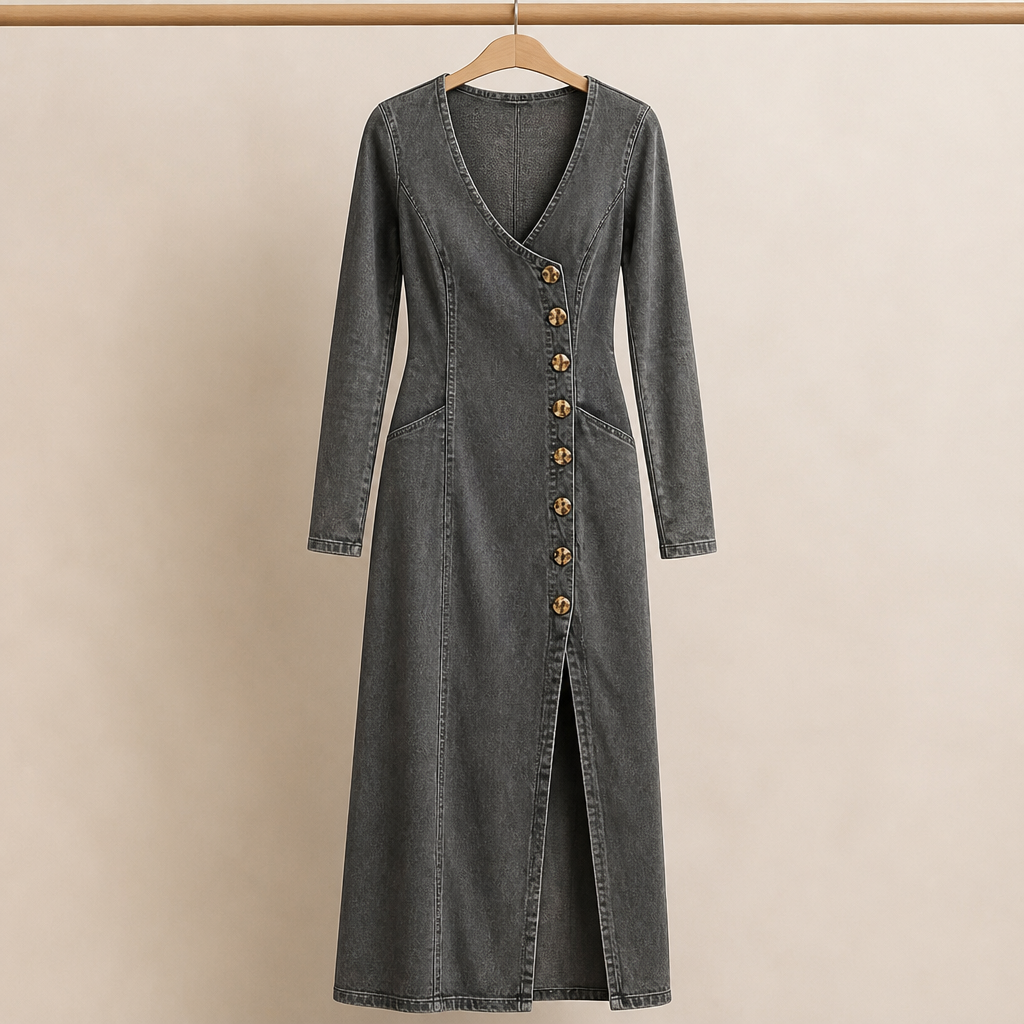 LuxeaSilk™ – Gentle Denim V-Neck Maxi Dress with Buttoned Side Slit