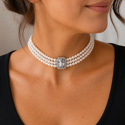 LumaVera™ – Classic Three-Strand Pearl Choker Featuring Crystal Centerpiece