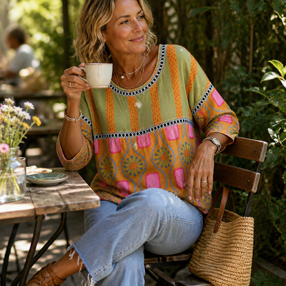 VivaLuxe™ – Boho Mixed-Print Loose-Fit Top with Three-Quarter Sleeves