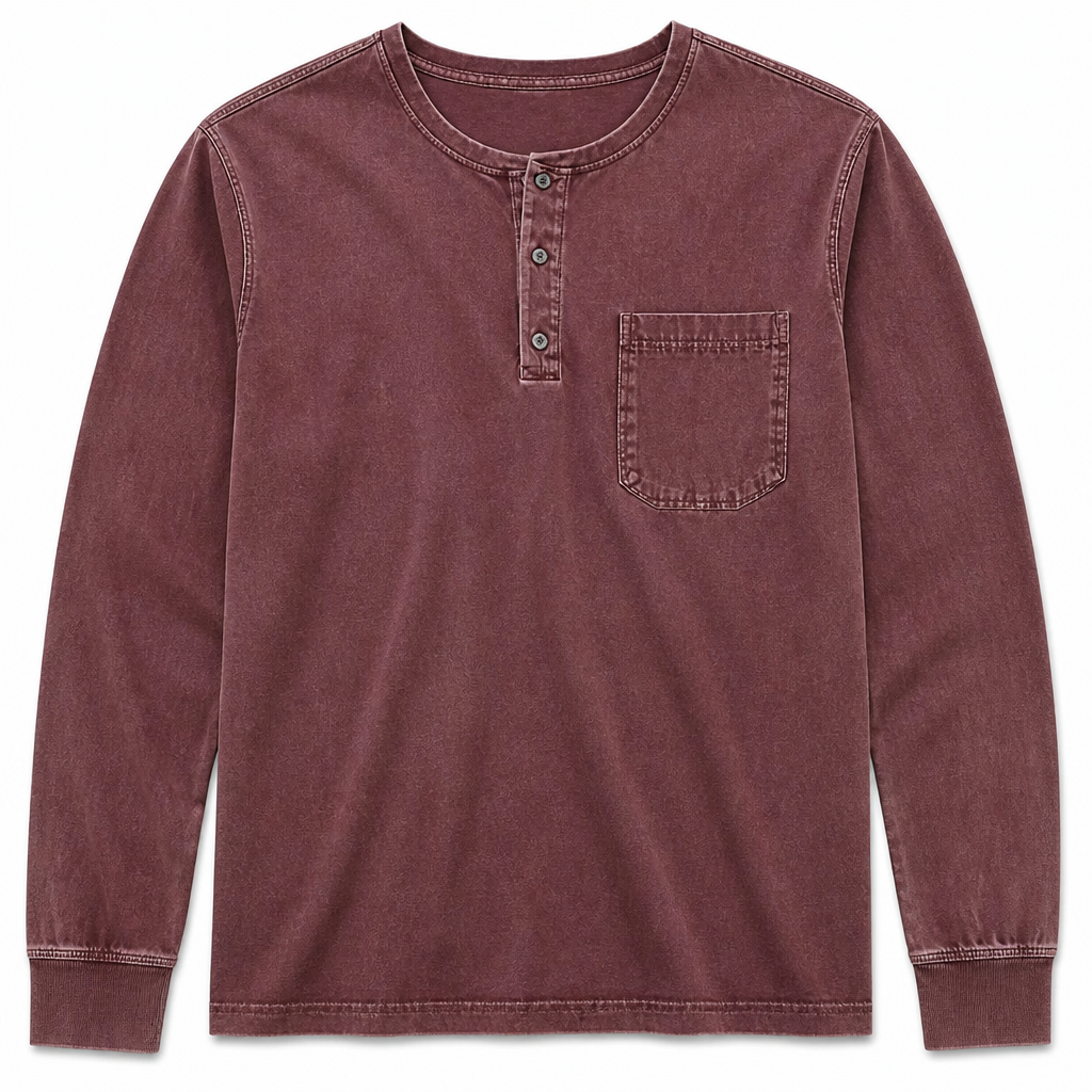 VeroVibe™ – Retro Washed Long Sleeve Henley Featuring Chest Pocket