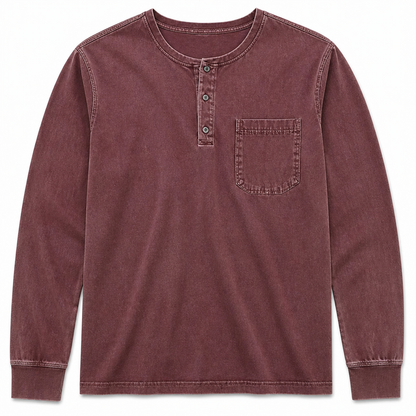 VeroVibe™ – Retro Washed Long Sleeve Henley Featuring Chest Pocket