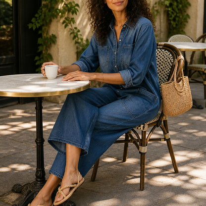 Flowease™ – Comfortable Wide-Leg Denim Jumpsuit Featuring Button-Front Top