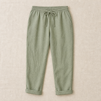 VelouraFlex™ – Airy Cotton-Linen Drawstring Pants with Tapered Cuffed Hem
