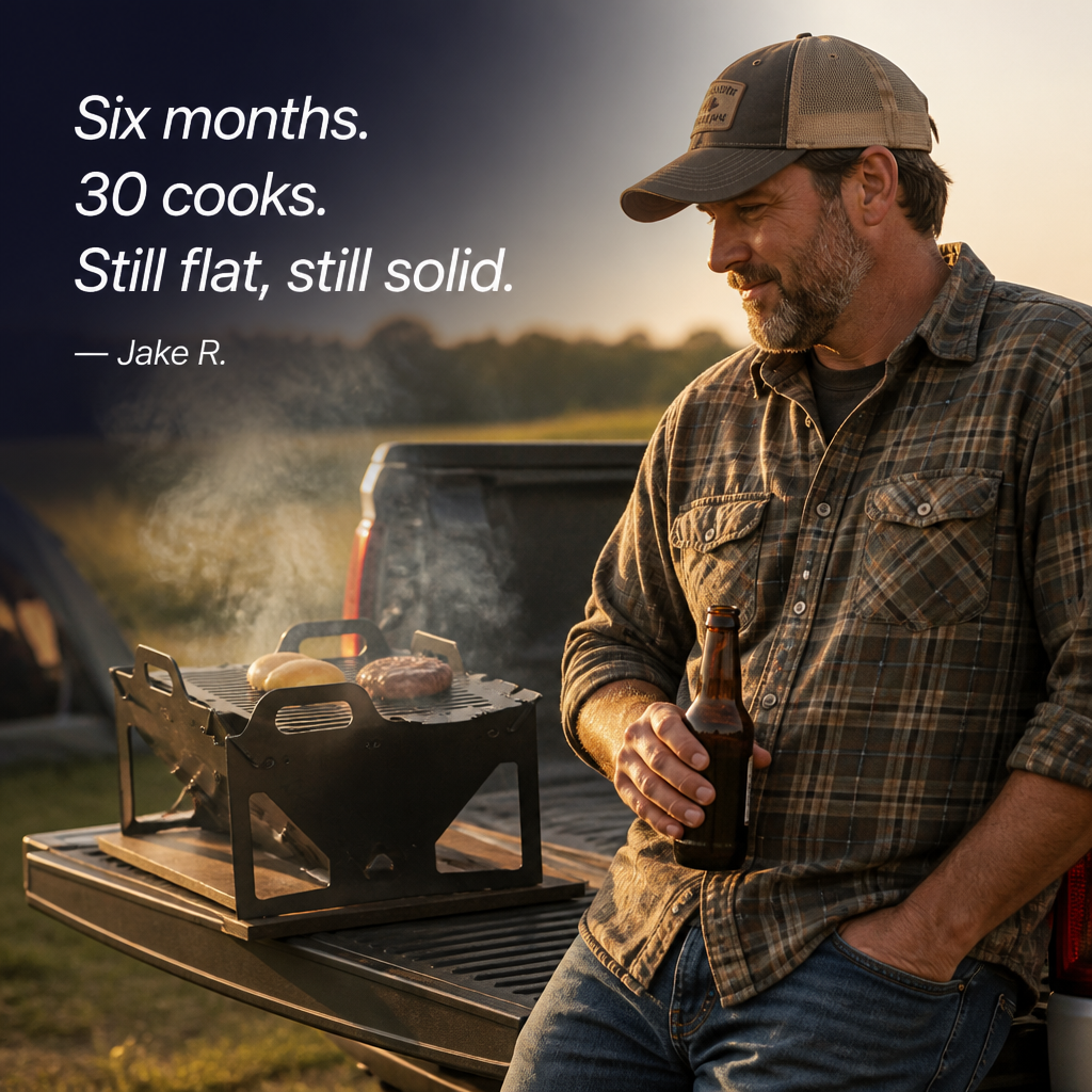 FlamePorta™ — Collapse a Rugged Steel Grill Flat and Cook Anywhere on Your Trip