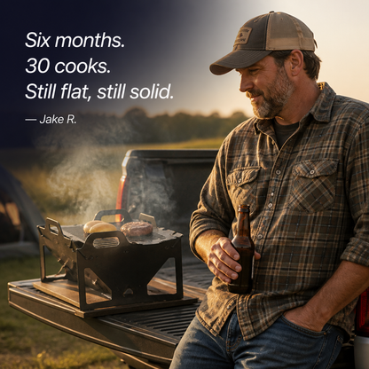 FlamePorta™ — Collapse a Rugged Steel Grill Flat and Cook Anywhere on Your Trip