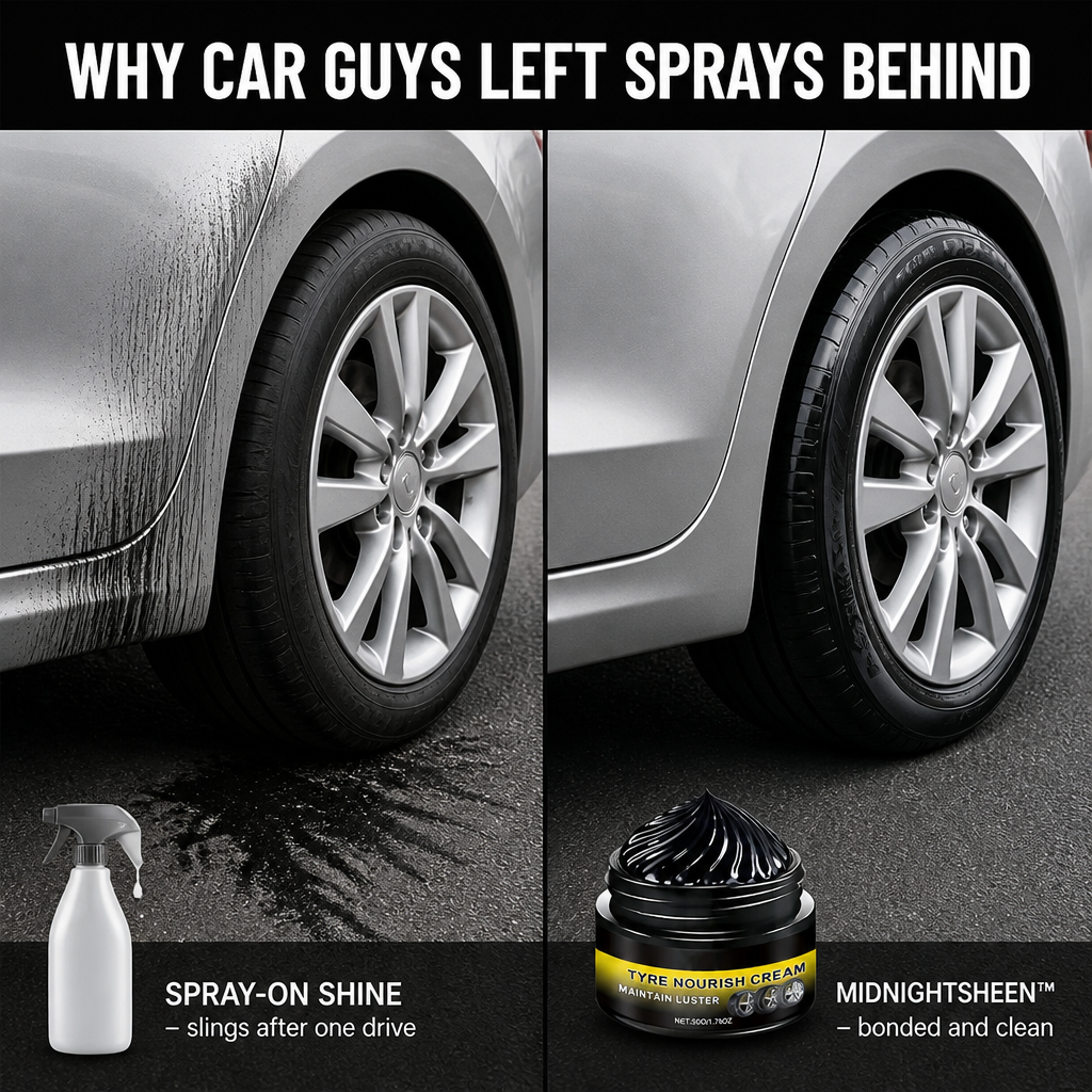 MidnightSheen™ — Revive Rich Black Tire Gloss That Defies Sling, Rain & UV Fading