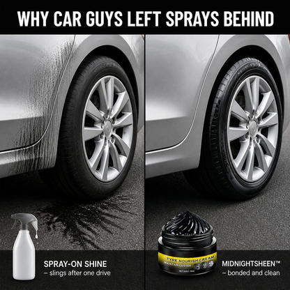 MidnightSheen™ — Revive Rich Black Tire Gloss That Defies Sling, Rain & UV Fading