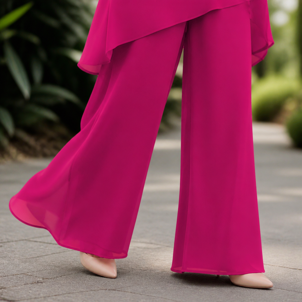 SerenLuxe™ – Stylish Chiffon Two-Piece Ensemble with Asymmetrical Layered Top