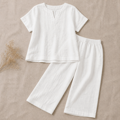 LumoraEase™ – Soft Cotton-Linen V-Neck Two-Piece Ensemble
