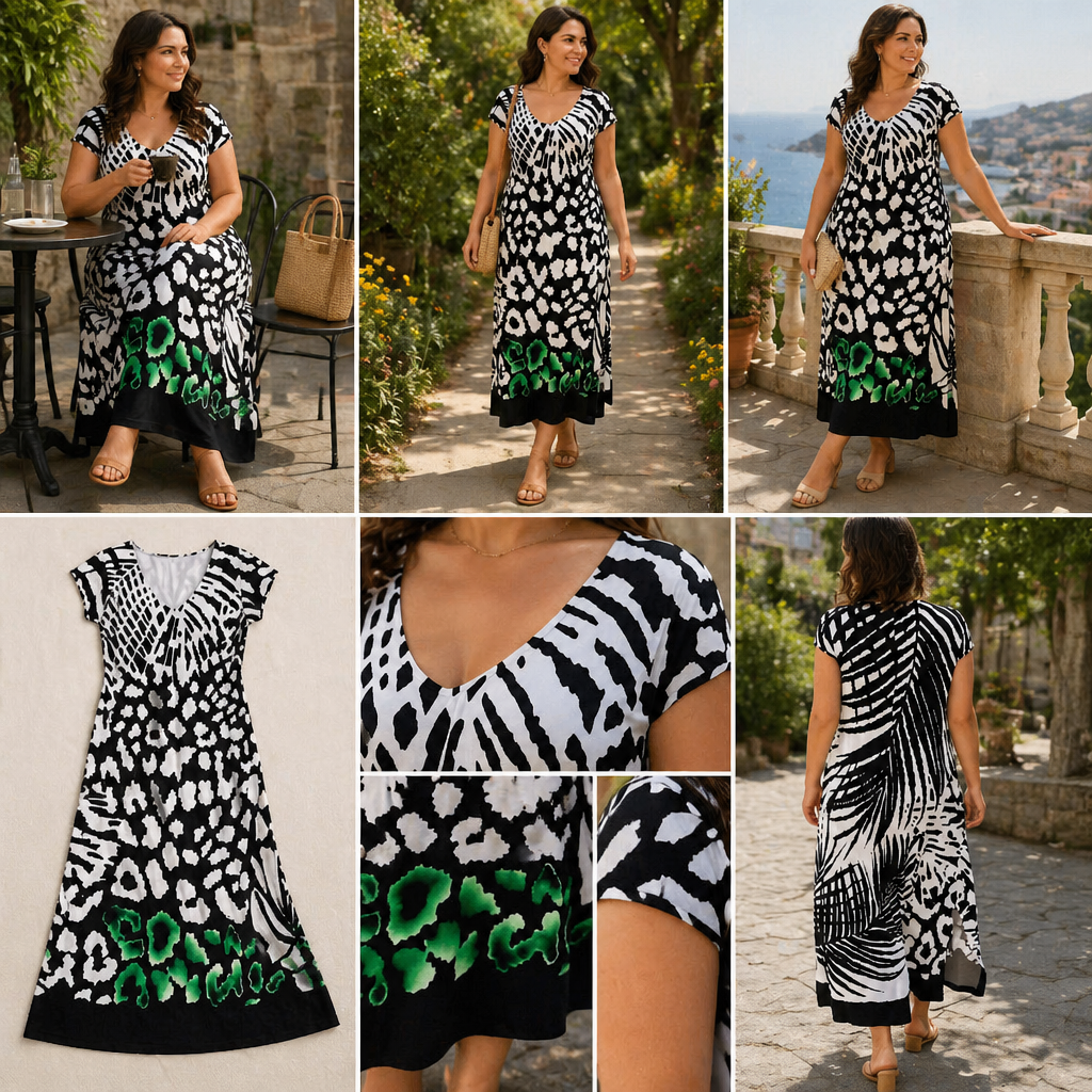 LuminaFlow™ – Flowy Midi Dress with V-Neck and Mixed Animal Print
