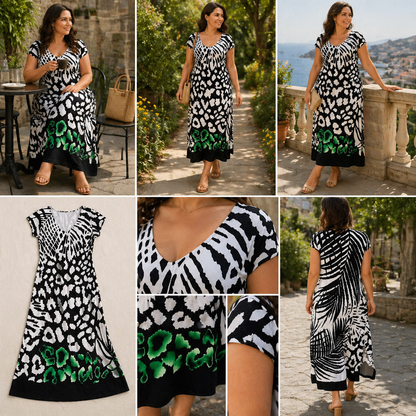 LuminaFlow™ – Flowy Midi Dress with V-Neck and Mixed Animal Print