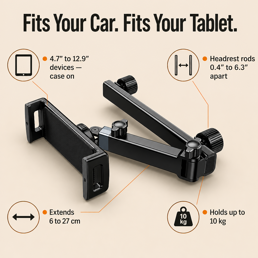 RoadEase™ — Secure Your Tablet Perfectly Centered Between Headrests for Comfortable Backseat Viewing