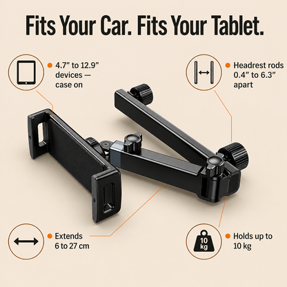 RoadEase™ — Secure Your Tablet Perfectly Centered Between Headrests for Comfortable Backseat Viewing