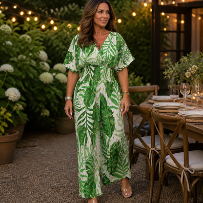 SerenaSculpt™ – Wide-Leg Jumpsuit with Tropical Print, V-Neck, and Smocked Waist